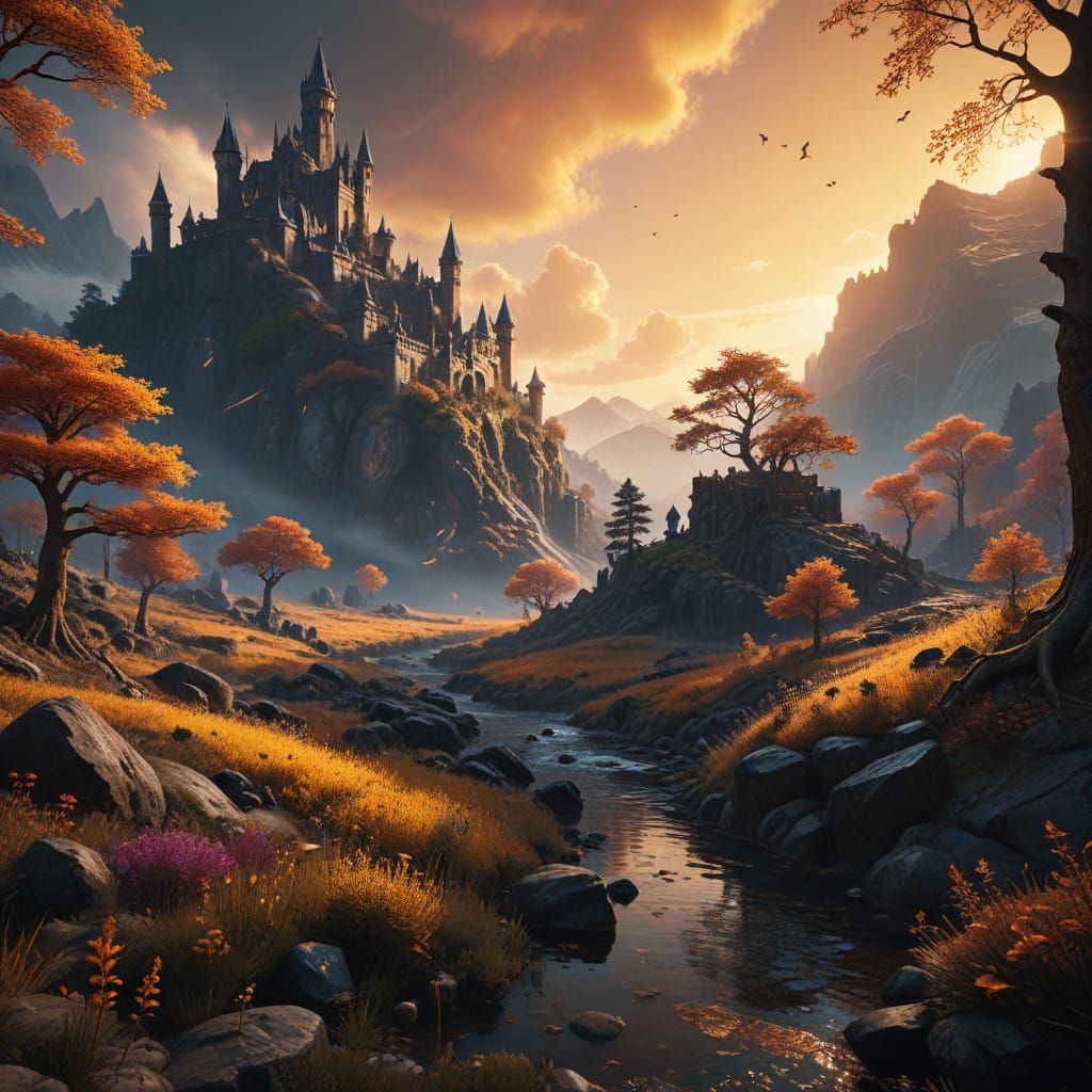 Ethereal Sunset Landscape in Cyberpunk Impressionist Style