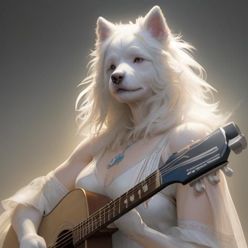 Furry Dog Character Playing Guitar, Detailed Portrait