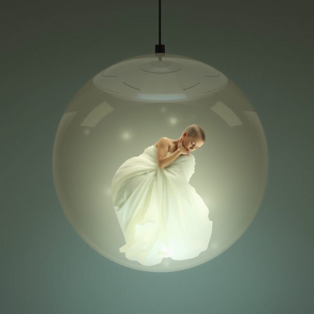 Figure Suspended in Orb with Ethereal Minimalism