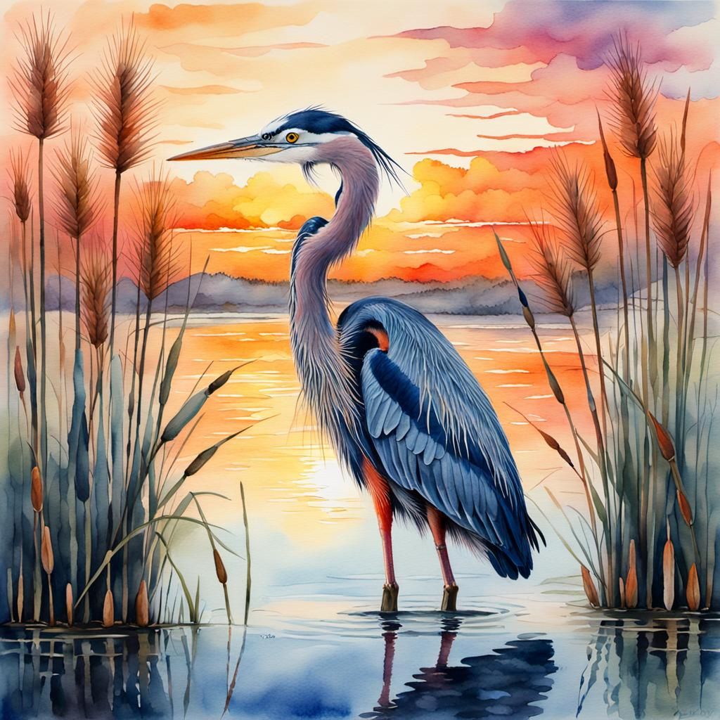 Blue Heron at Sunset: Realistic Watercolor Painting