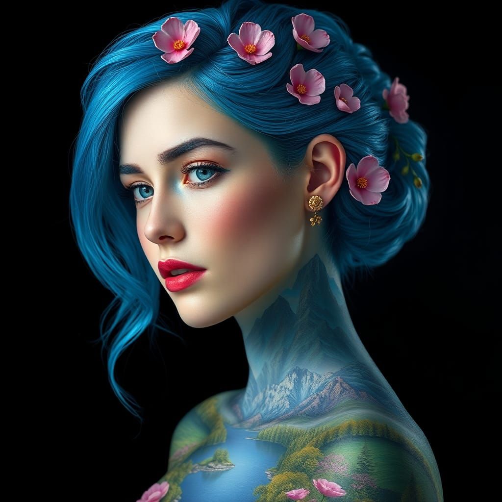 Woman with Blue Hair and Landscape Body Art