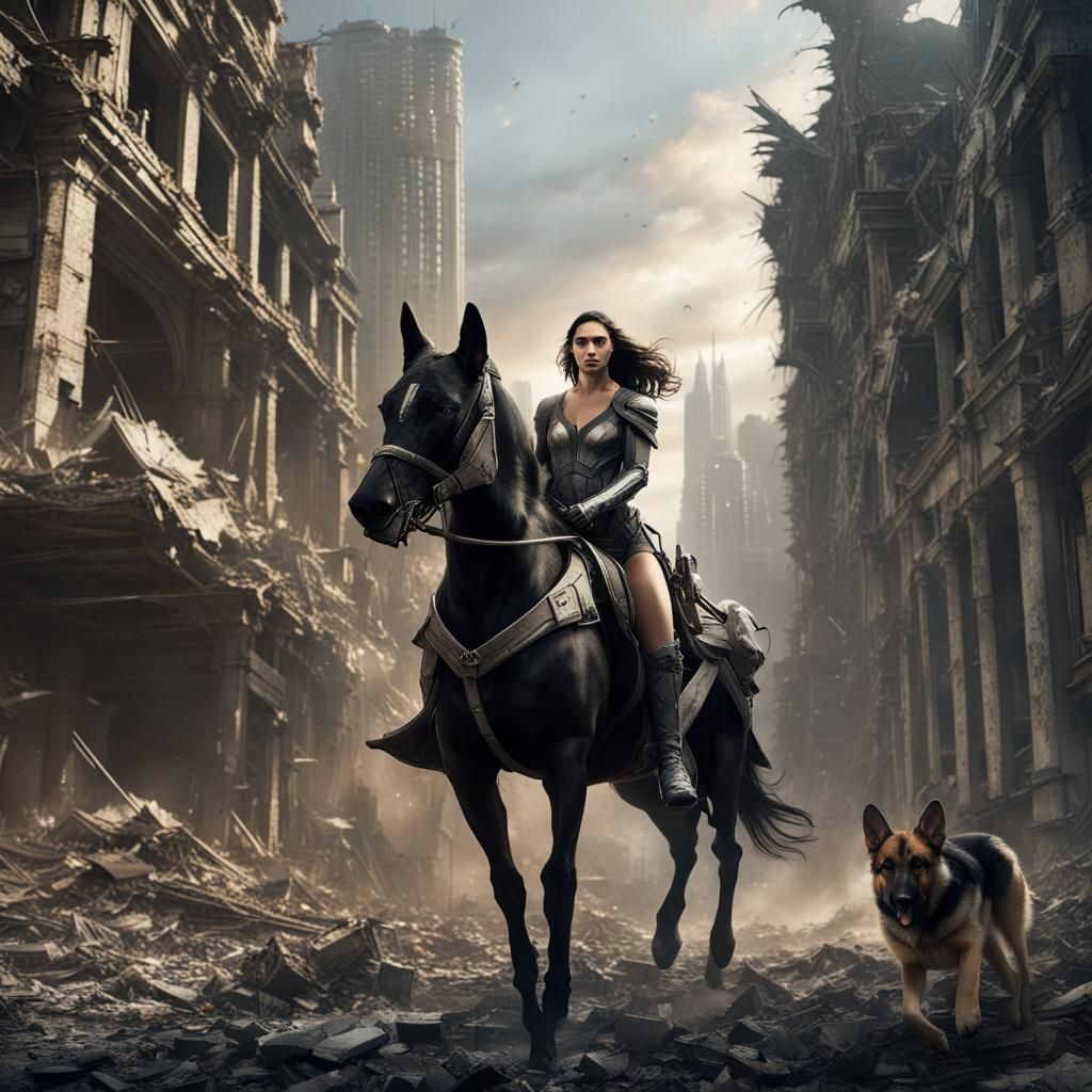 Futuristic Warrior on Horse in Destroyed City