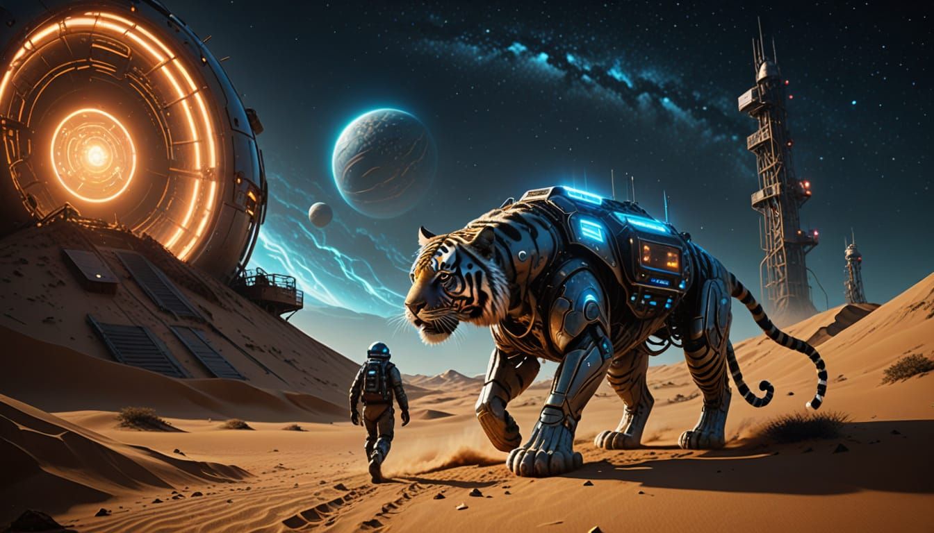 Cybernetic Tiger Charges Towards Futuristic Martian Dome