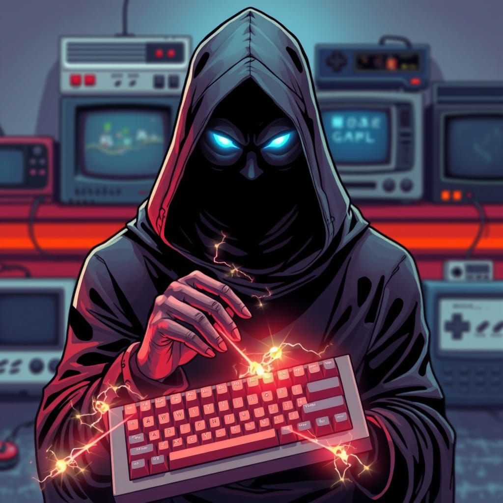 Mysterious Figure in Retro Gaming Paradise