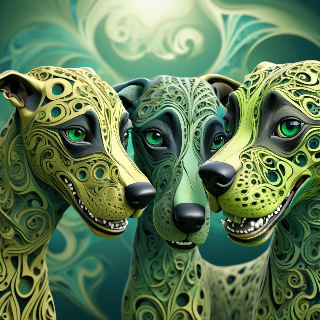 Smiling Greyhounds Playing in Abstract Vector Fractal