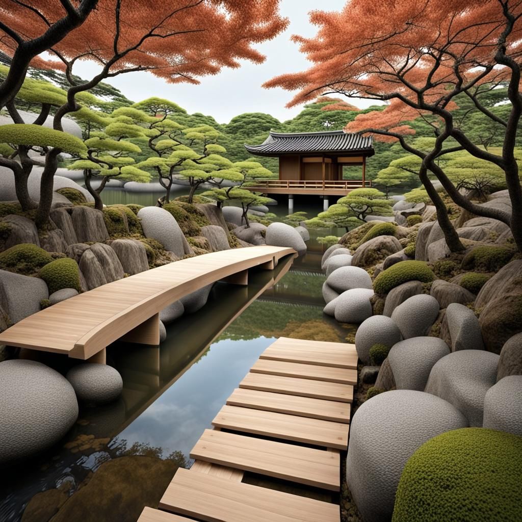 Traditional Japanese Garden with Stone Bridge at Dusk