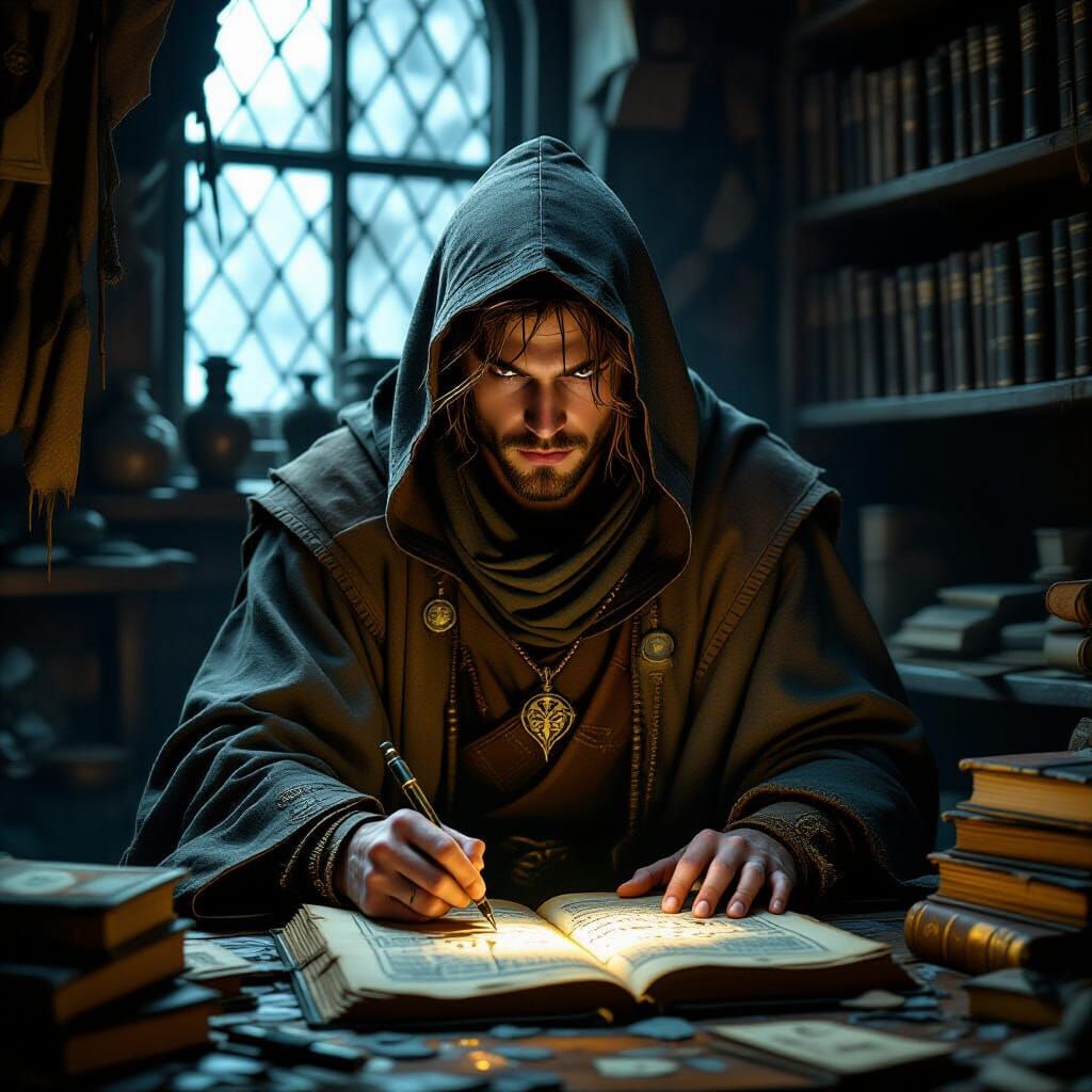 Young Wizard Researches in Dimly Lit Study