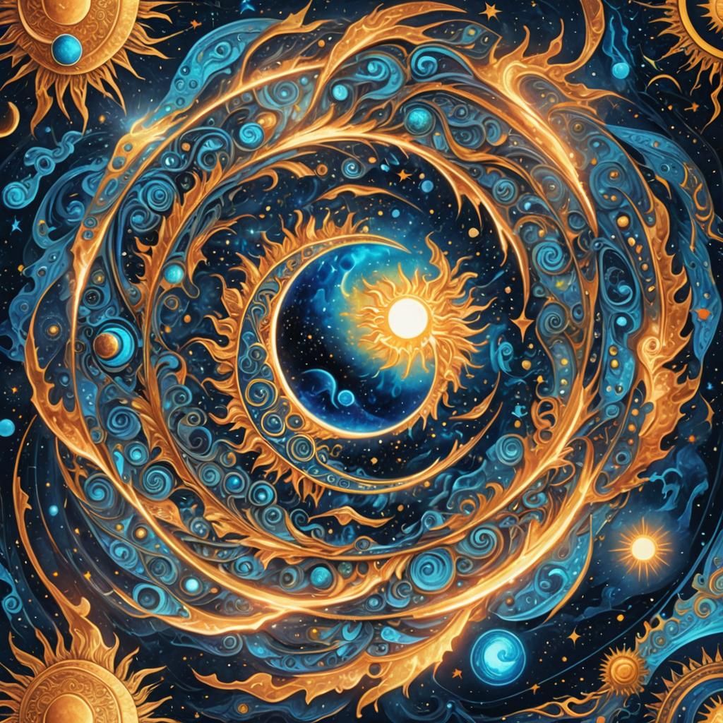 Astral Cosmic Illustration of Moon and Sun