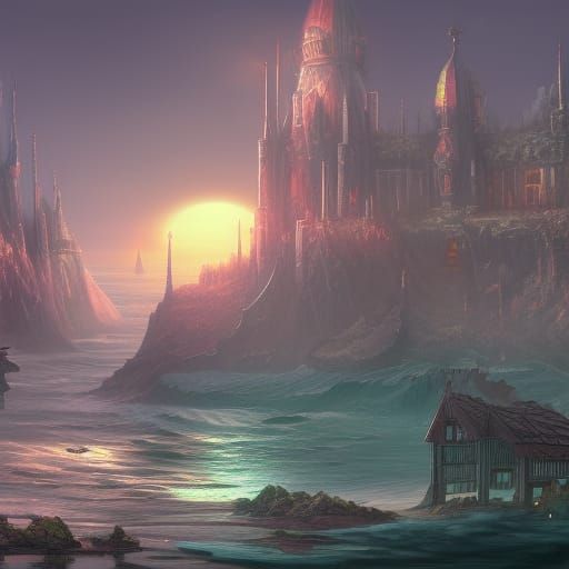 Fantastical Seaside Town in Detailed Matte Painting
