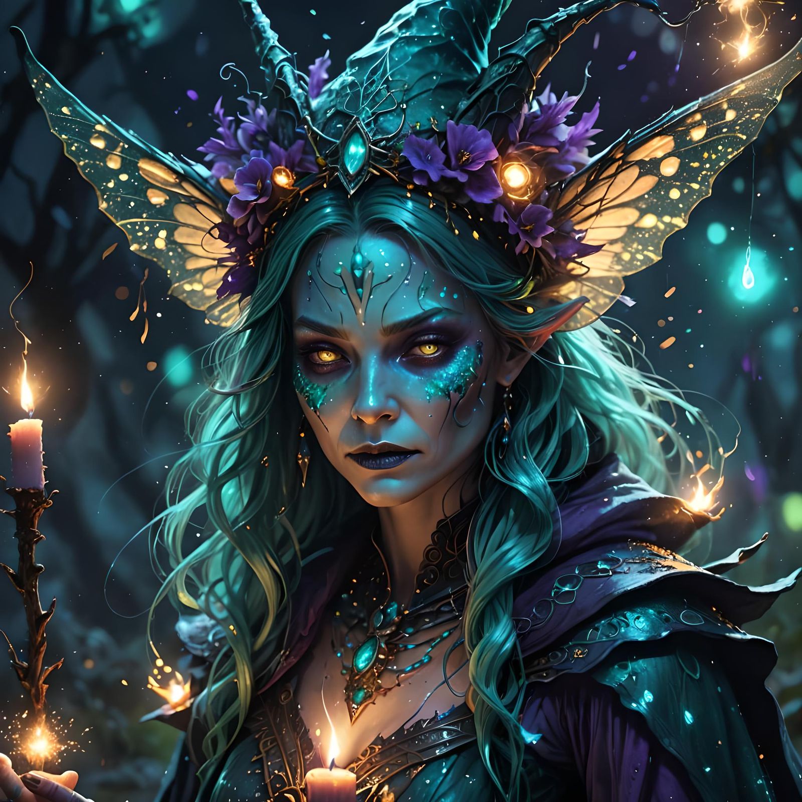 Spooky Teal Witch Portrait in Digital Fantasy Art