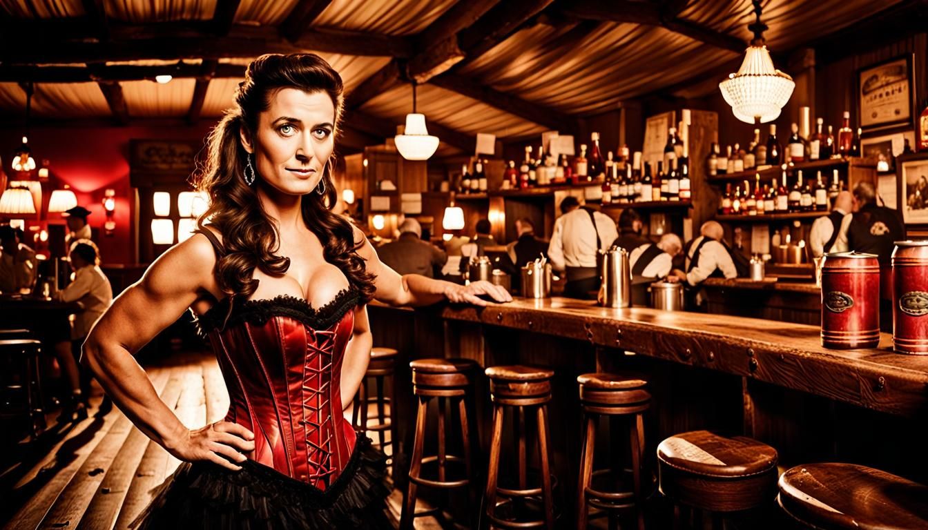 An old west saloon interior bartender Cote de Pablo is serving beer to the customers