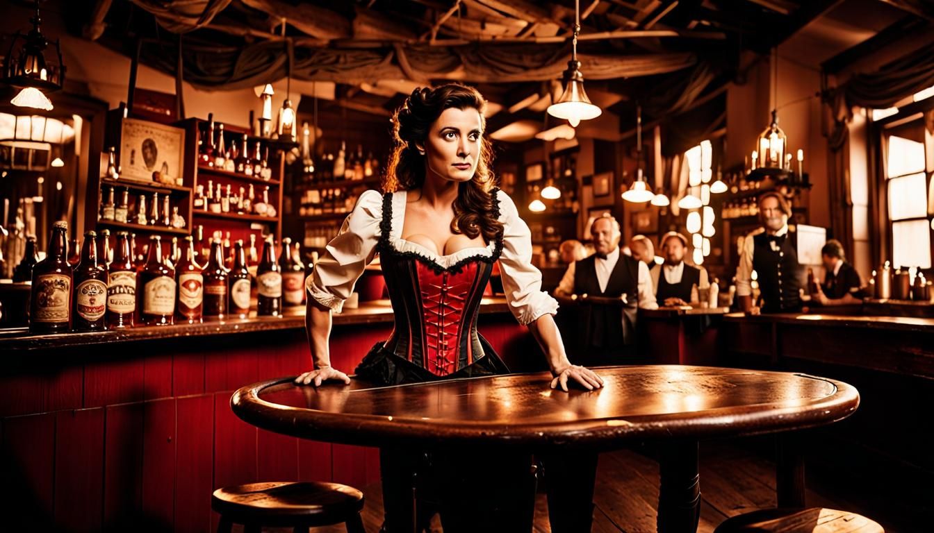 An old west saloon interior bartender Cote de Pablo is serving beer to the customers