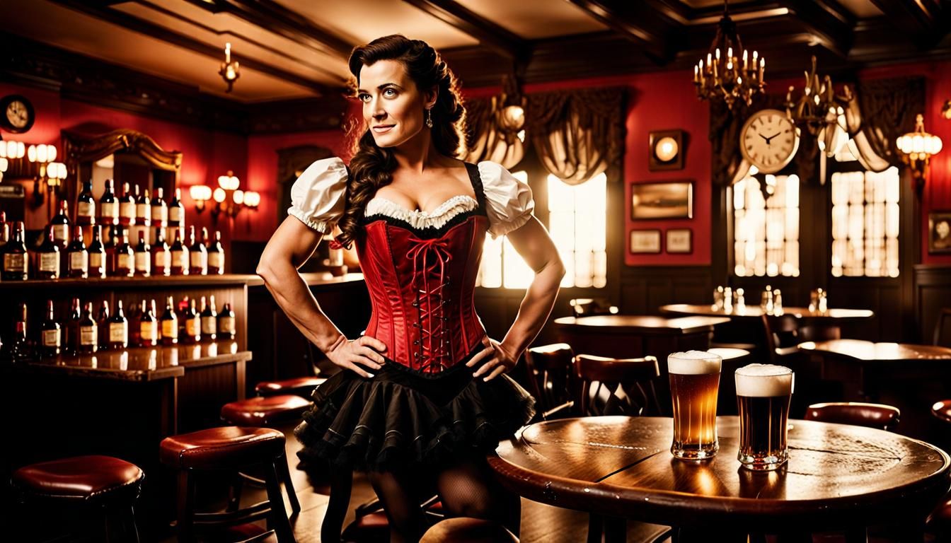 An old west saloon interior bartender Cote de Pablo is serving beer to the customers