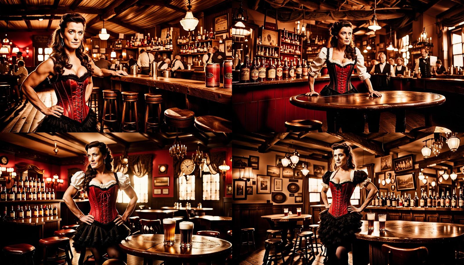 An old west saloon interior bartender Cote de Pablo is serving beer to the customers