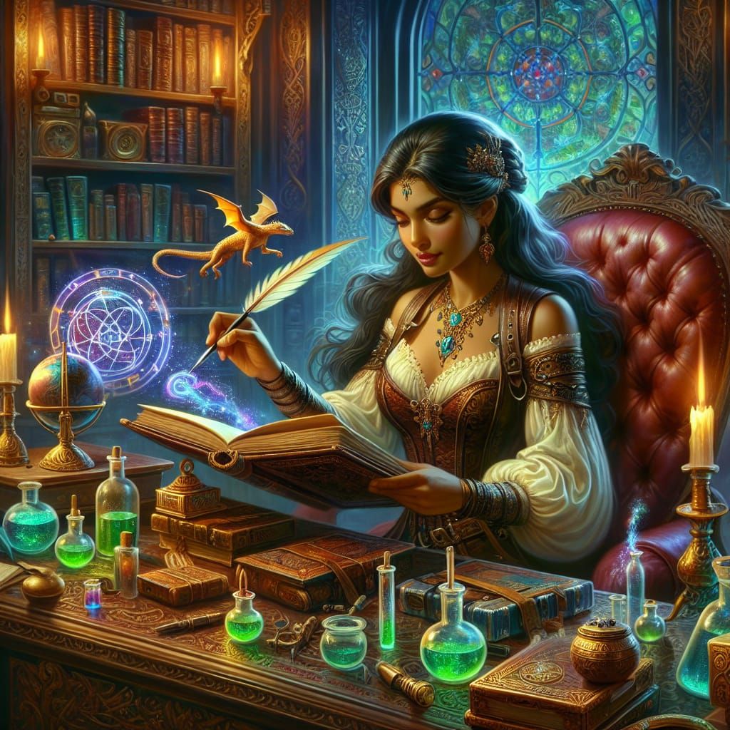Enchanting Sorceress Scribes Spell in Victorian Laboratory