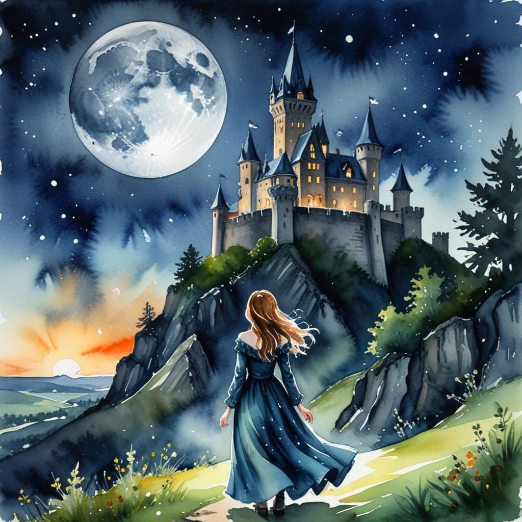 Surprised Lady Under Blood Moon at Gloomy Castle