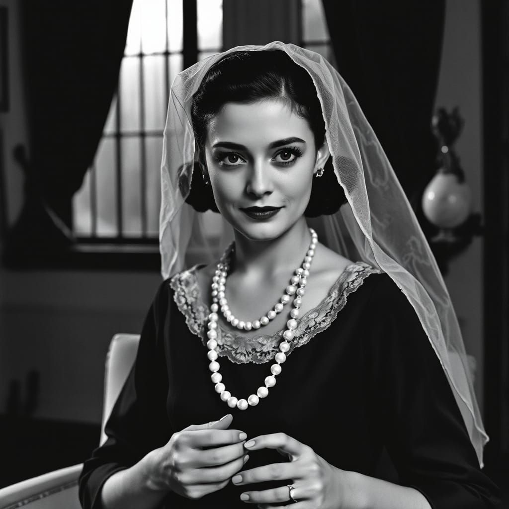Vintage-Era Woman in Elegant Black and White Portrait