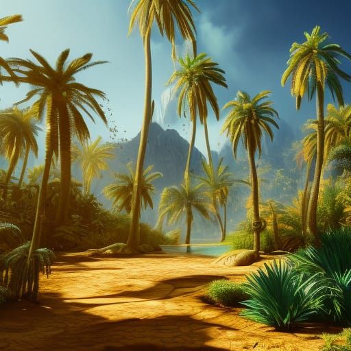Detailed Palm Tree Matte Painting in Deep Color