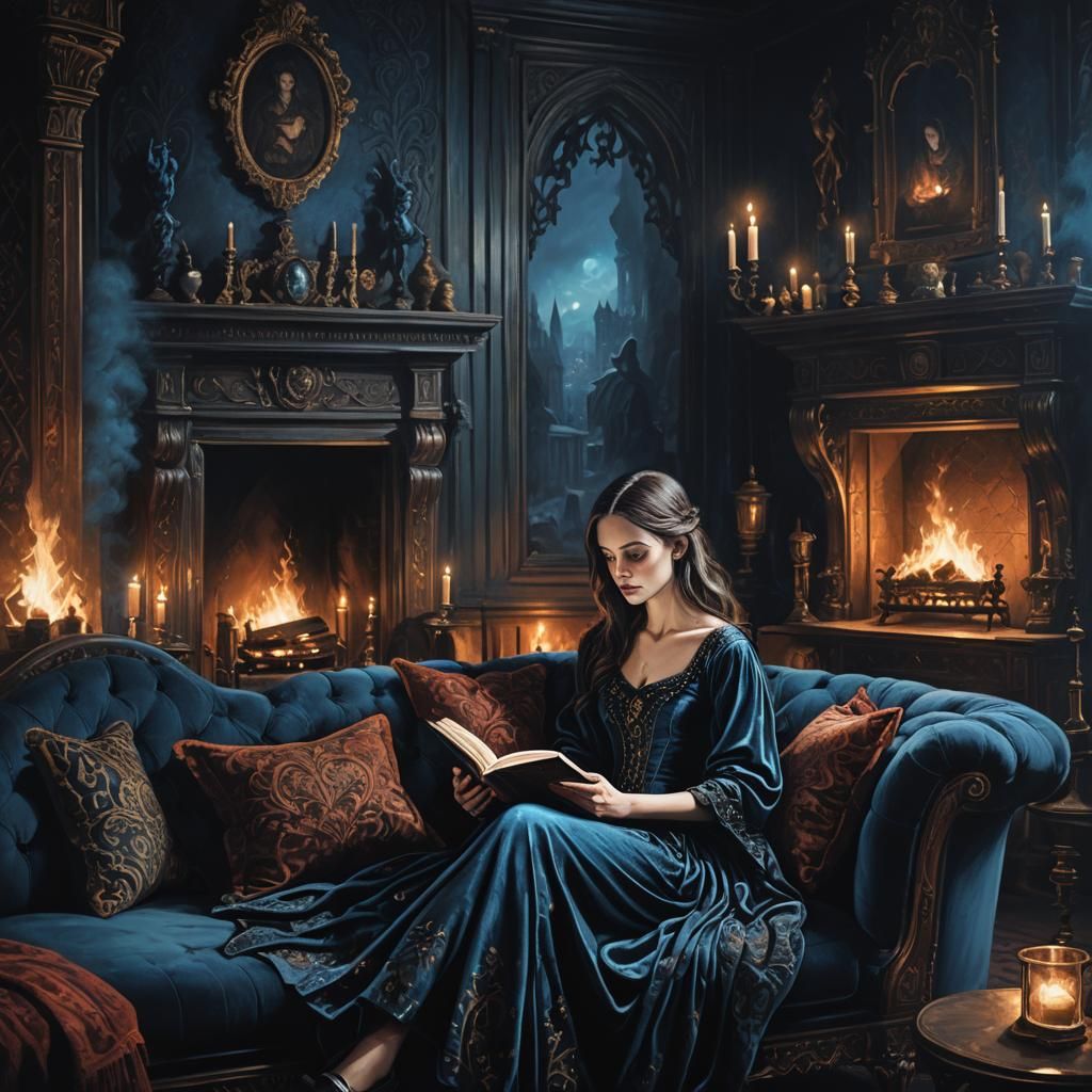 Gothic Woman Reading by Fireplace, Oil Painting