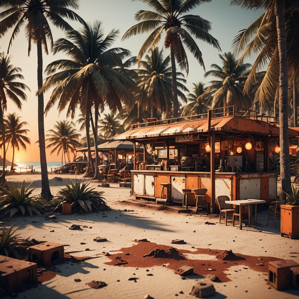 Tropical Beach Sunset in Retro Sci-Fi Style