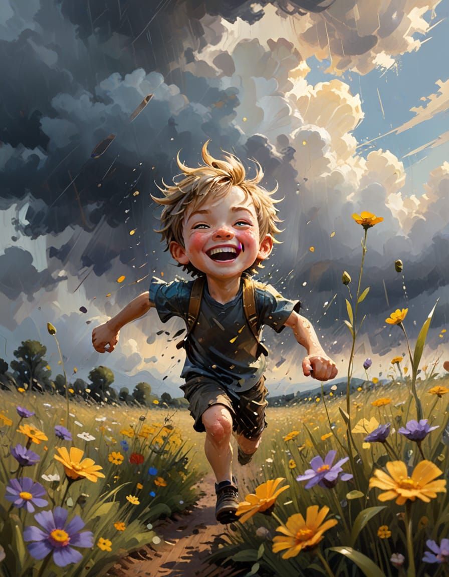 Chibi Boy Runs in Rainy Wildflower Field