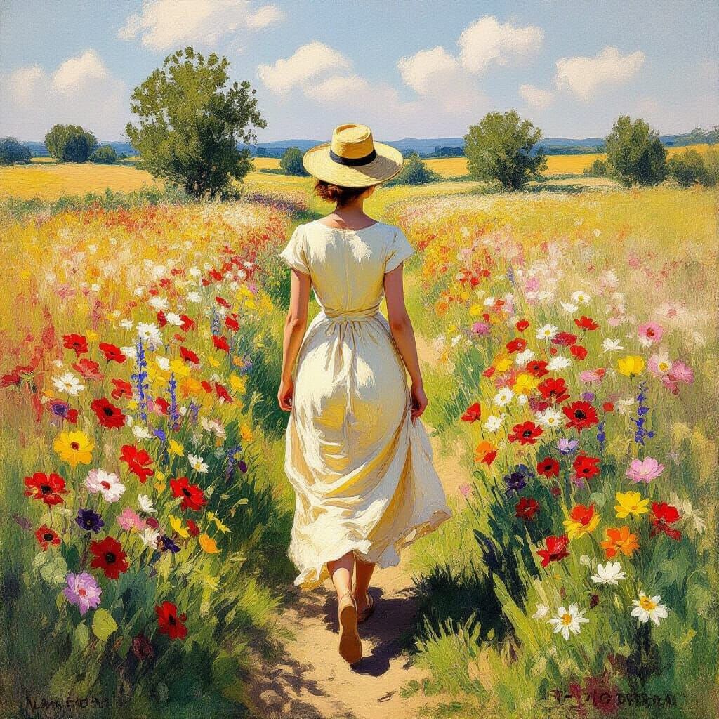 Woman in Field of Flowers, Impressionistic Style