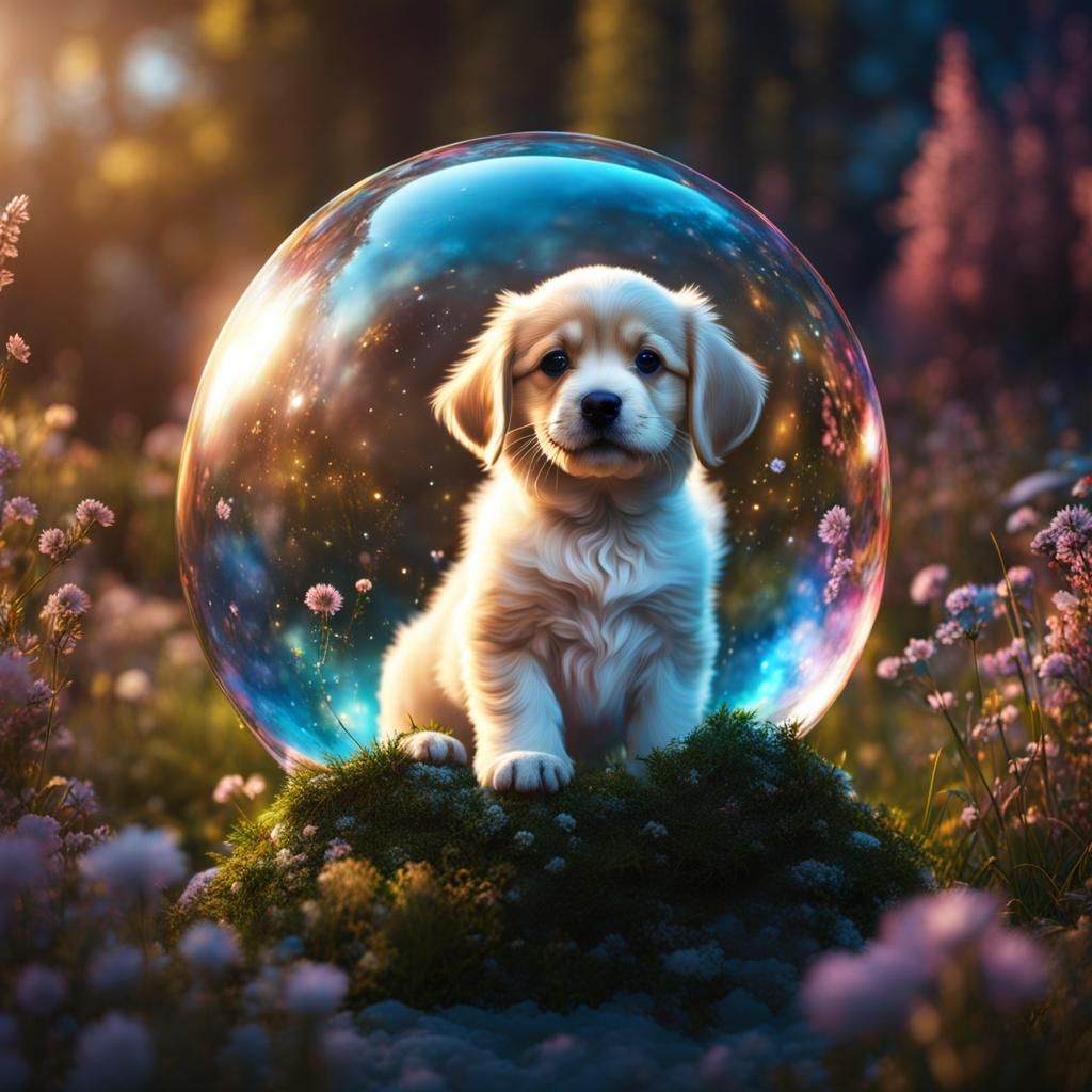 Puppy in Bubble Gazing at Earth: Fantasy Concept Art