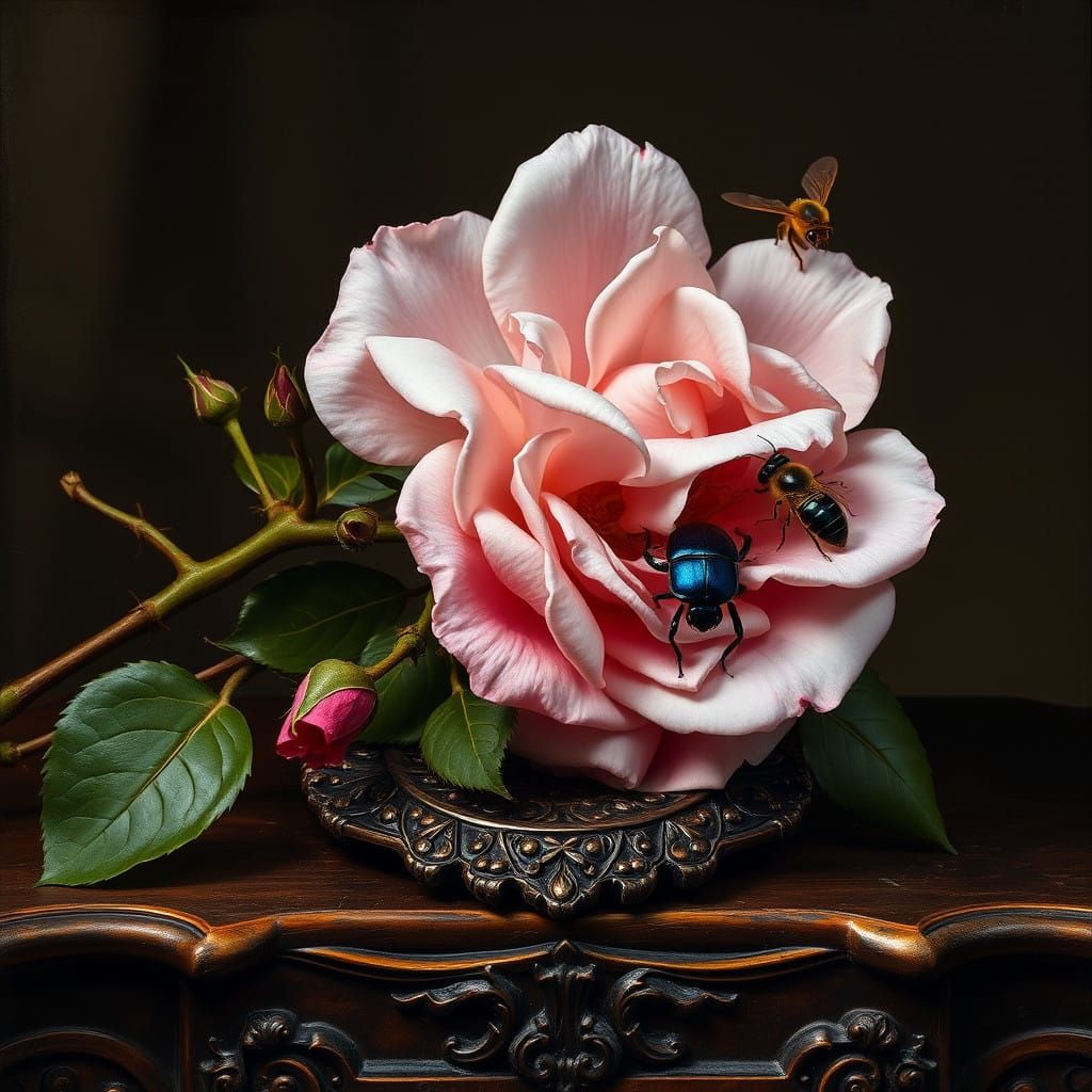 Luxurious Still Life with Rose Branch, Beetle, and Bees in B...