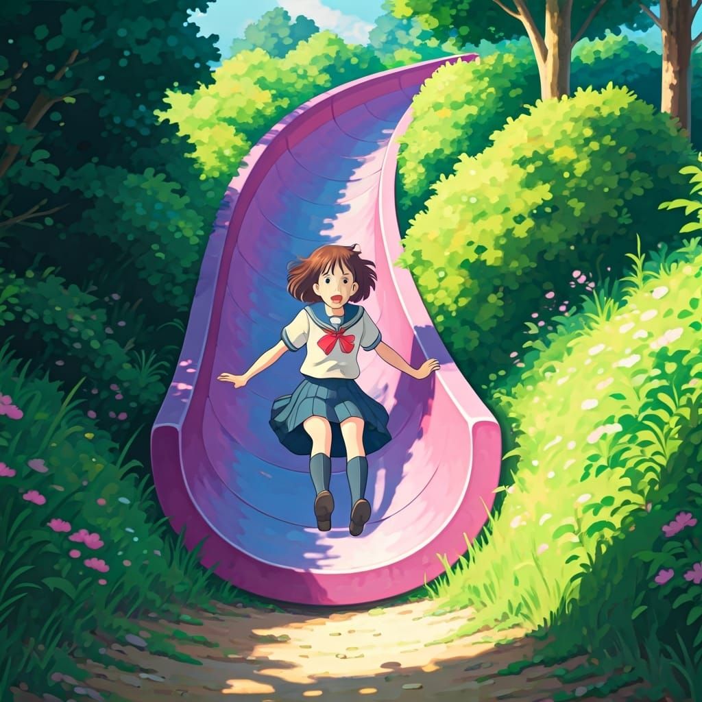 Shizuku on a Purple Slide in Ghibli Style