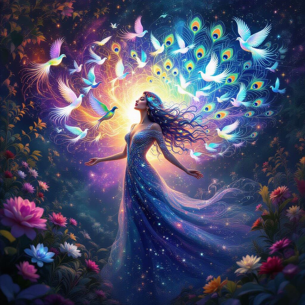 Ethereal Woman Transforms into Iridescent Birds