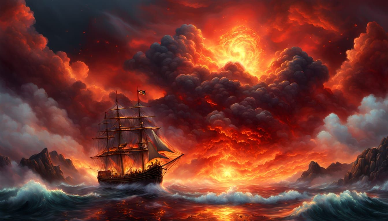 Ethereal Ocean of Flames in a Fantasy Landscape