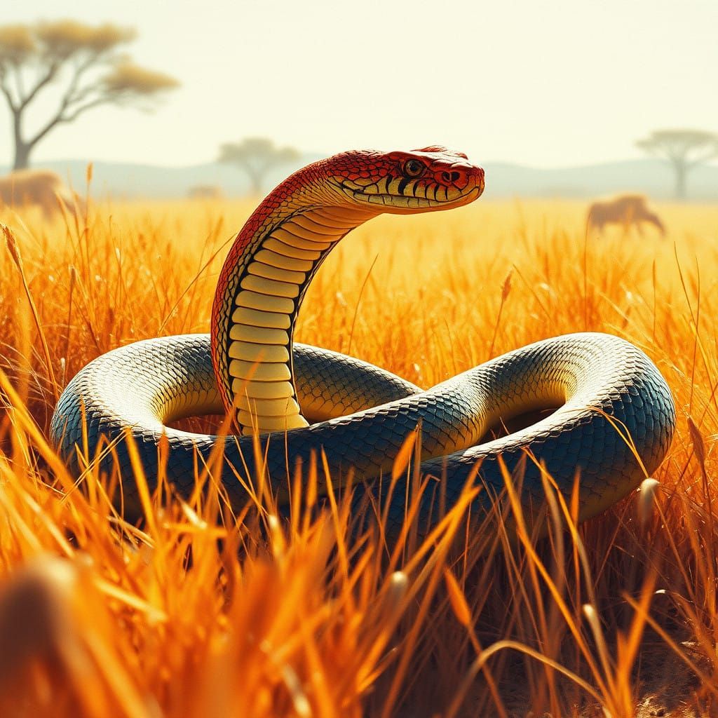 Surreal King Cobra Unfurls in Vibrant Savanna Landscape