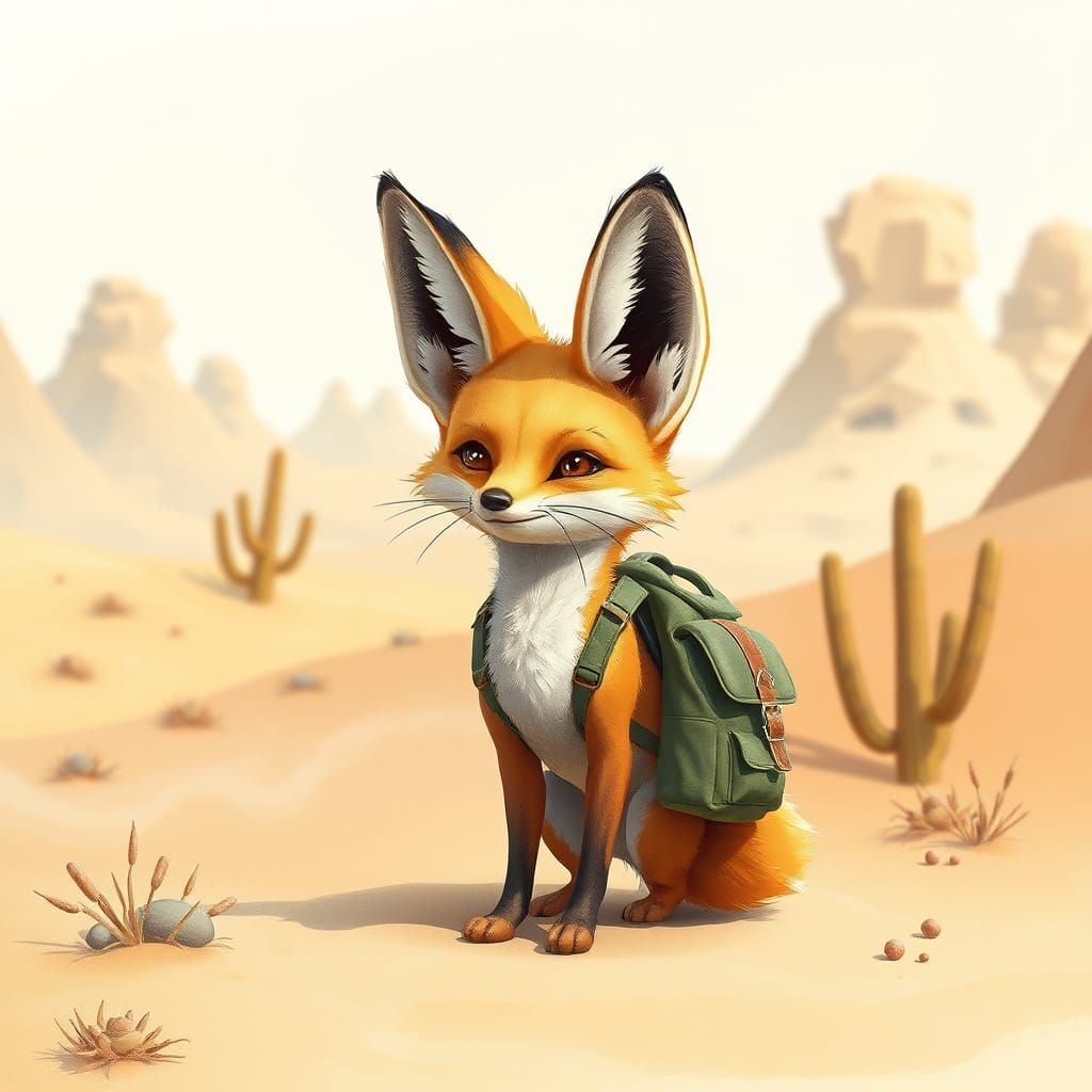Fennec Fox in Desert Landscape: Watercolor and 3D Art