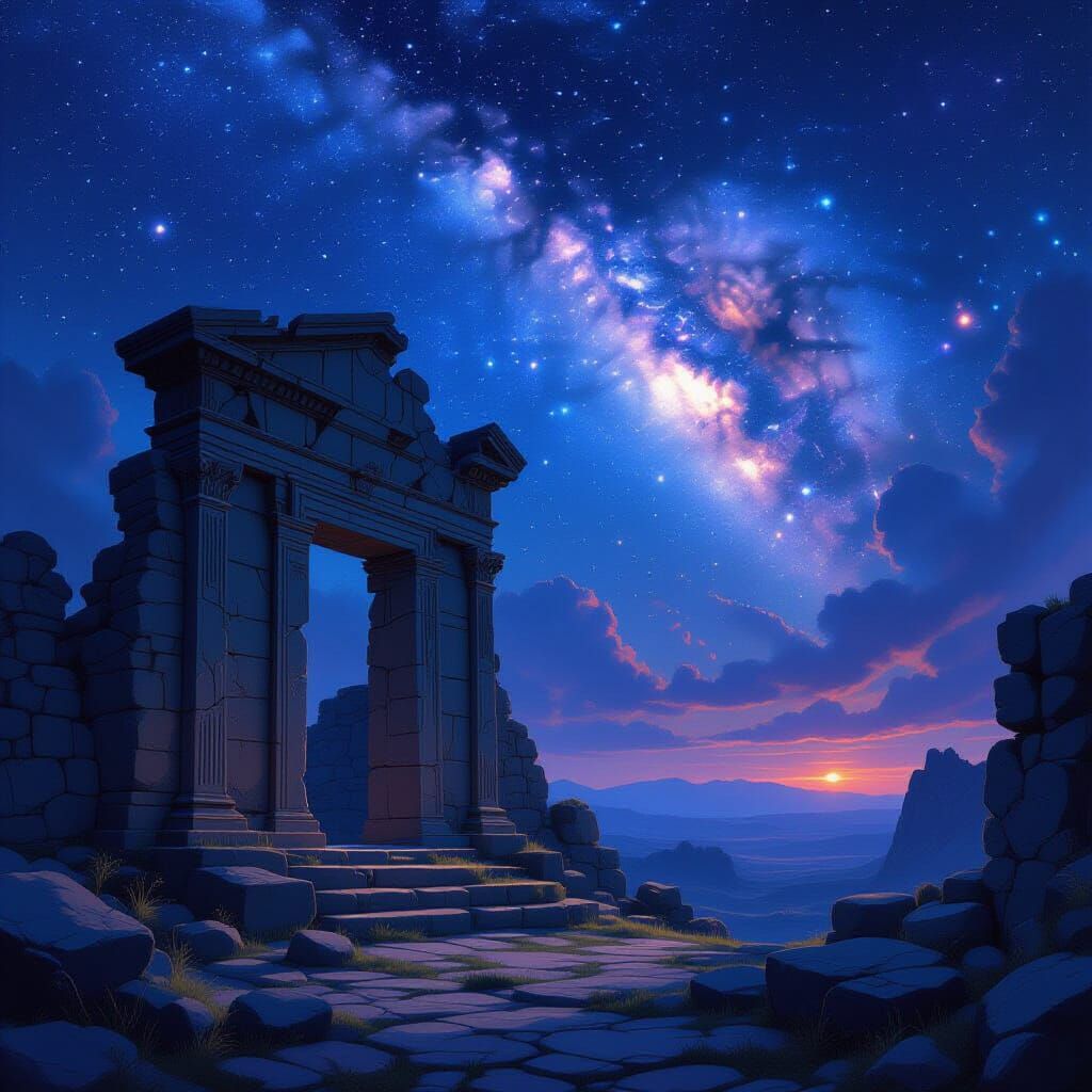 Ancient Ruin Under Nebula Glow, Cosmic Fantasy Art