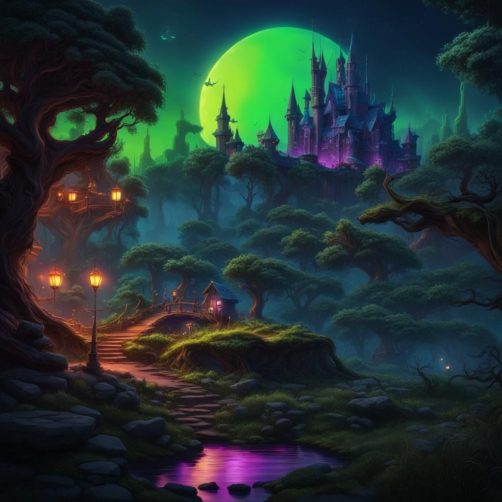 Neon Fantasy World with Wolves, Disney Style
