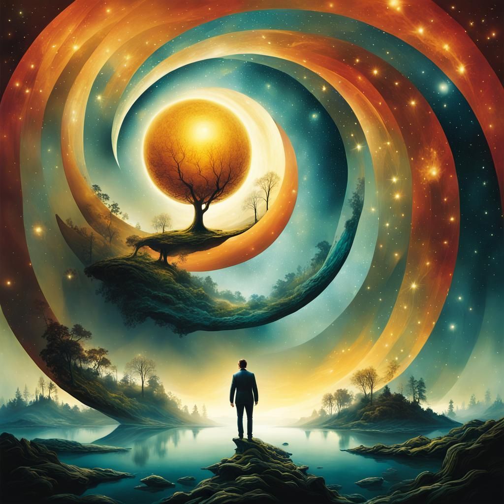 Surreal Cosmos Creation with Bonsai and Cottages