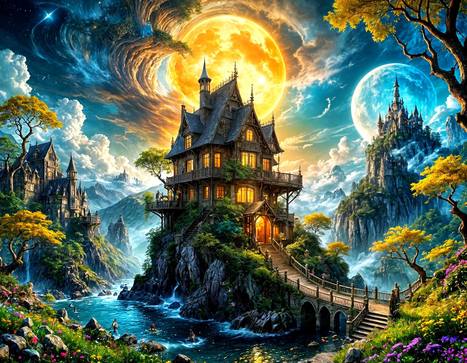 Whimsical Dark Fantasy Architecture in Vibrant Art Nouveau S...