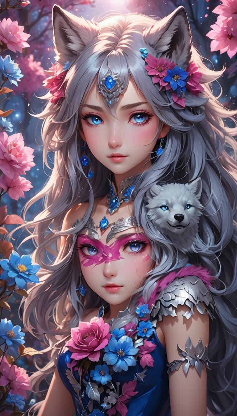 Anime Girl and Wolf in Fantasy Dreamscape