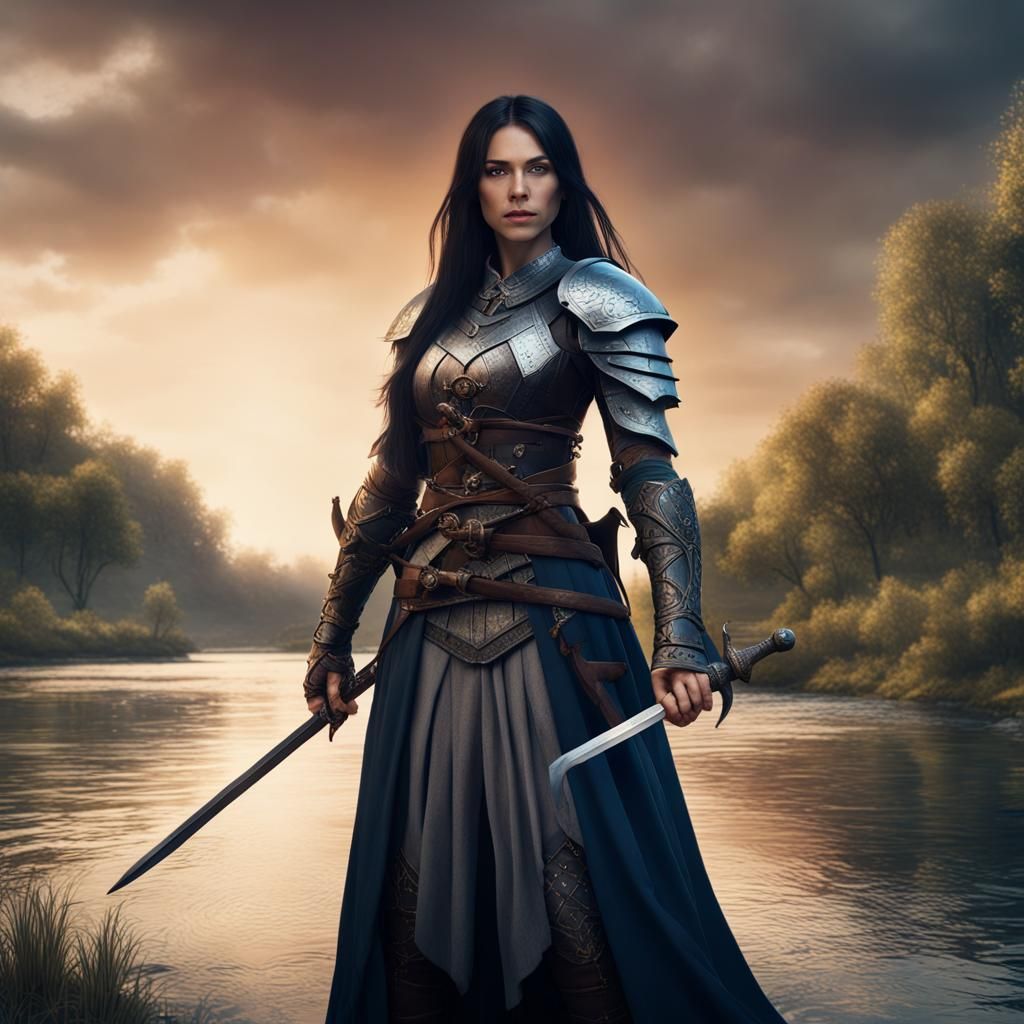 Medieval Warrior Woman with Sword on Riverbank