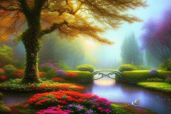 Rainy Statue Garden in Fairytale Realism