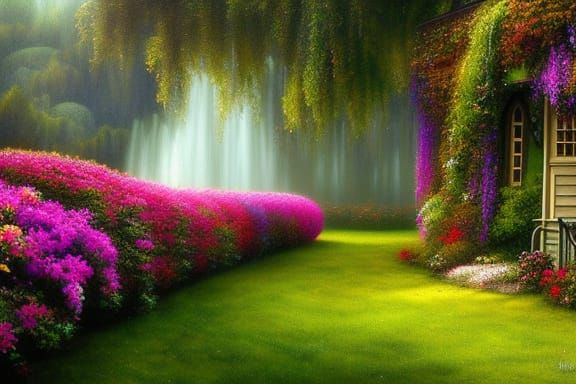 Rainy Statue Garden in 19th Century Oil Painting