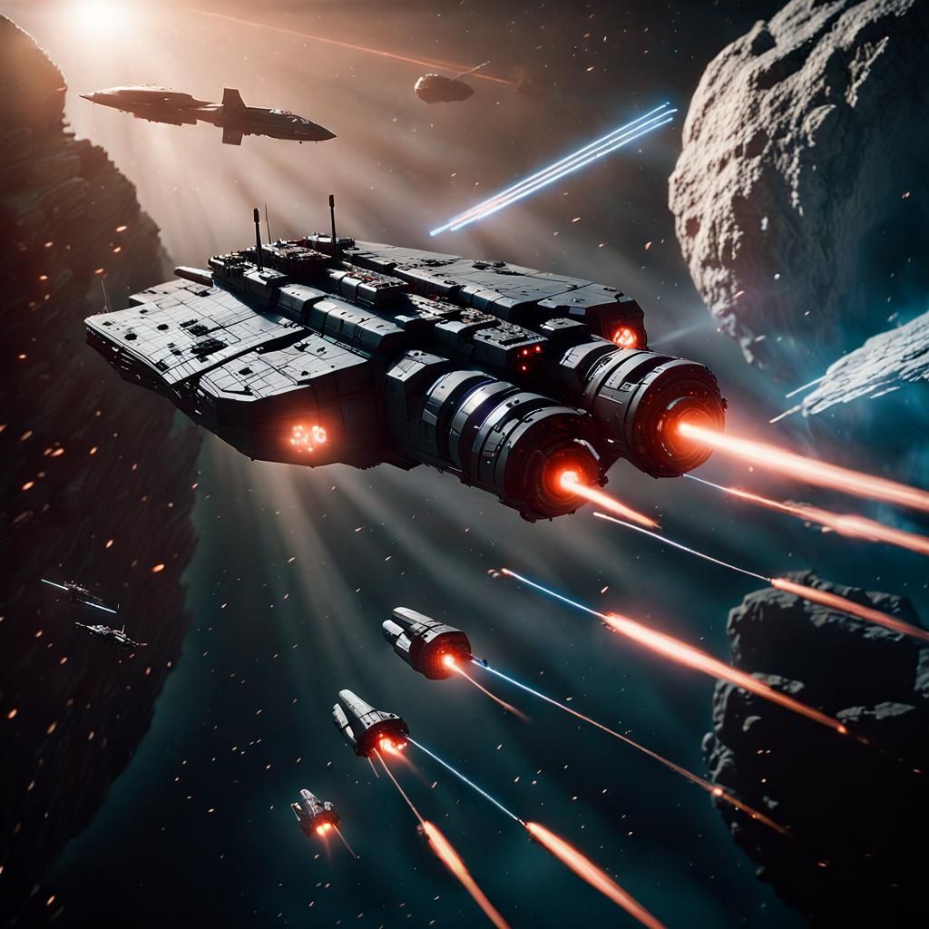 Freighter Evades Drone Attack in Asteroid Field