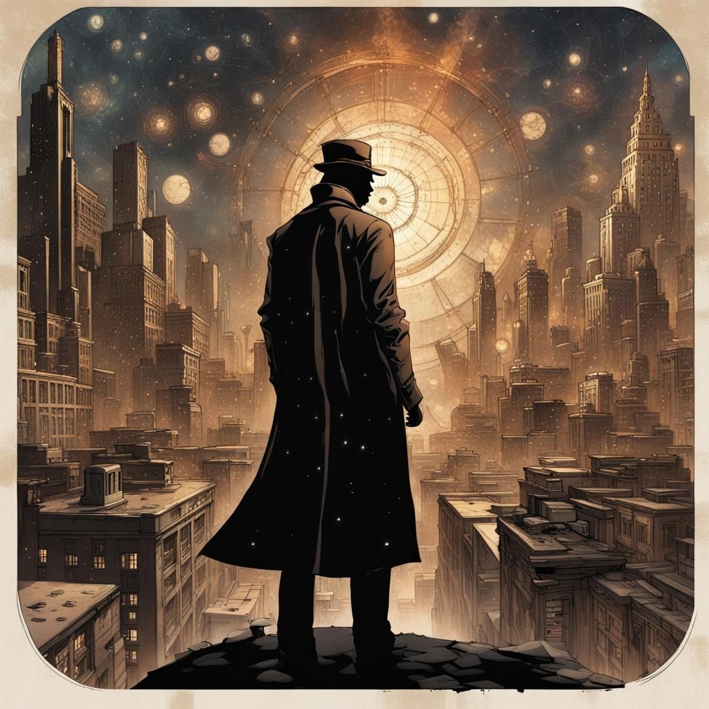 Quantum Detective in Steampunk Cosmic Cityscape
