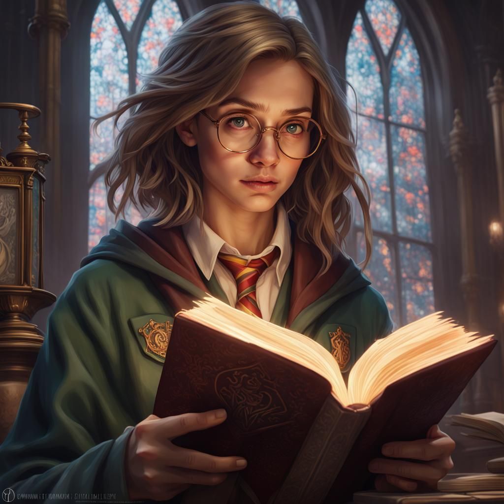 Girl Reading Harry Potter Portrait in Art Nouveau Style