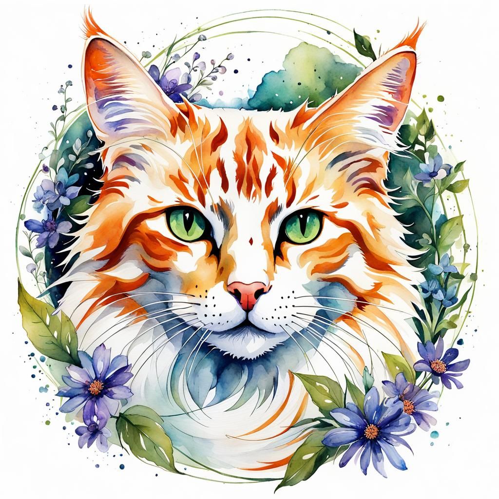 Whimsical Orange and White Cat Watercolor