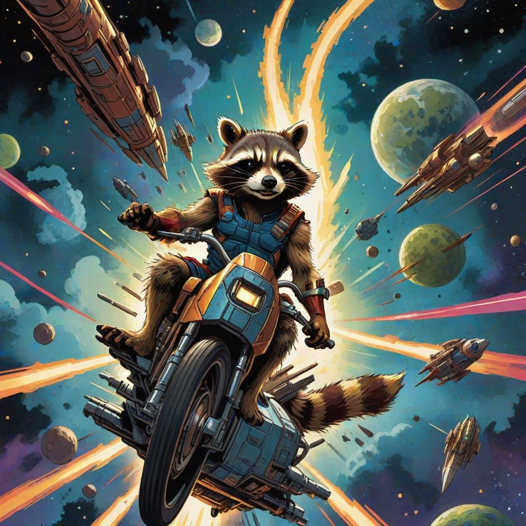 Rocket Raccoon Rides Spacecycle in Comic Book Art