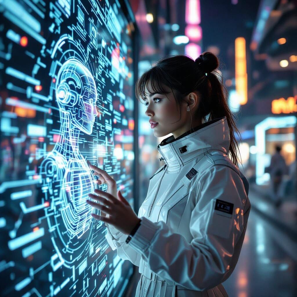 Futuristic Girl Interacts with AI Hologram