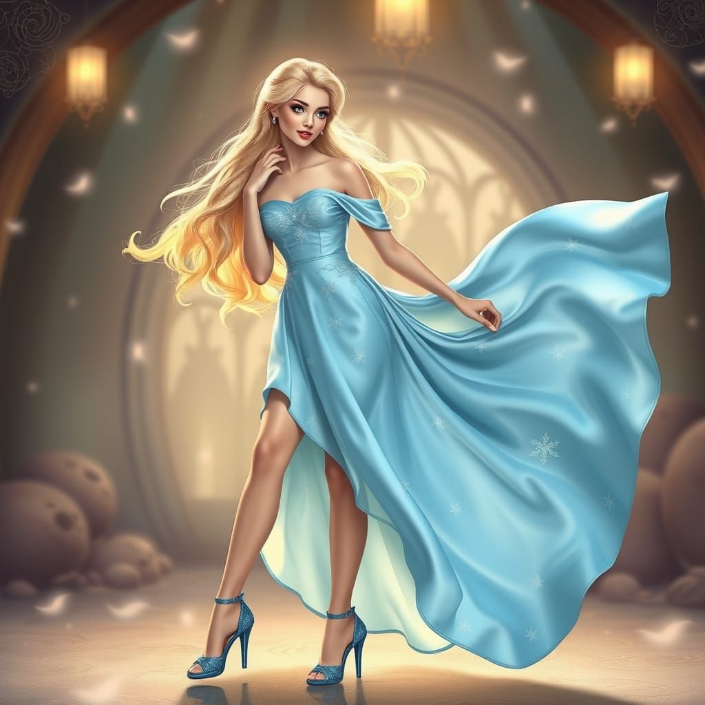 Elegant Blonde Fantasy Art in Blue Silk and Blue Shoes