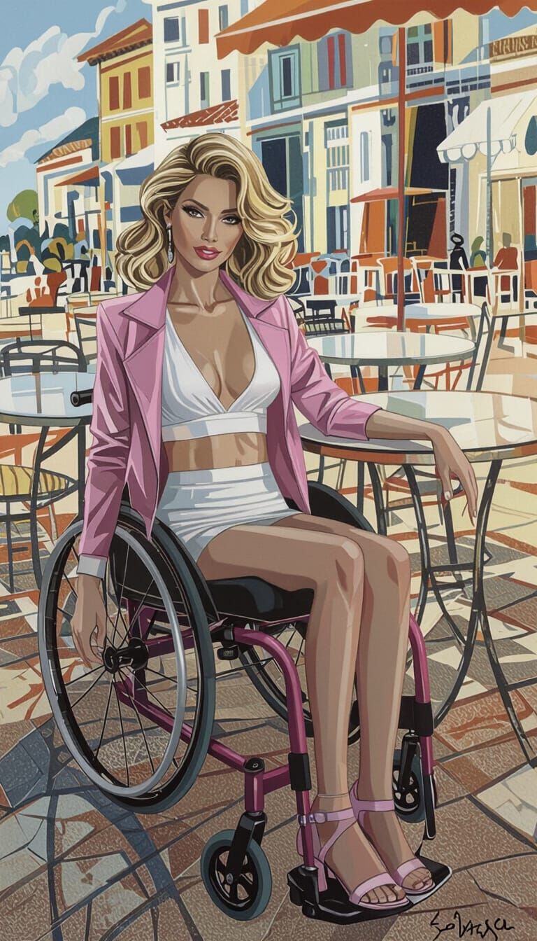 Elegant Woman in Wheelchair on Riviera Terrace