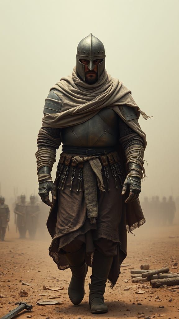 Regal Warrior Walks Amidst a Barren Battlefield